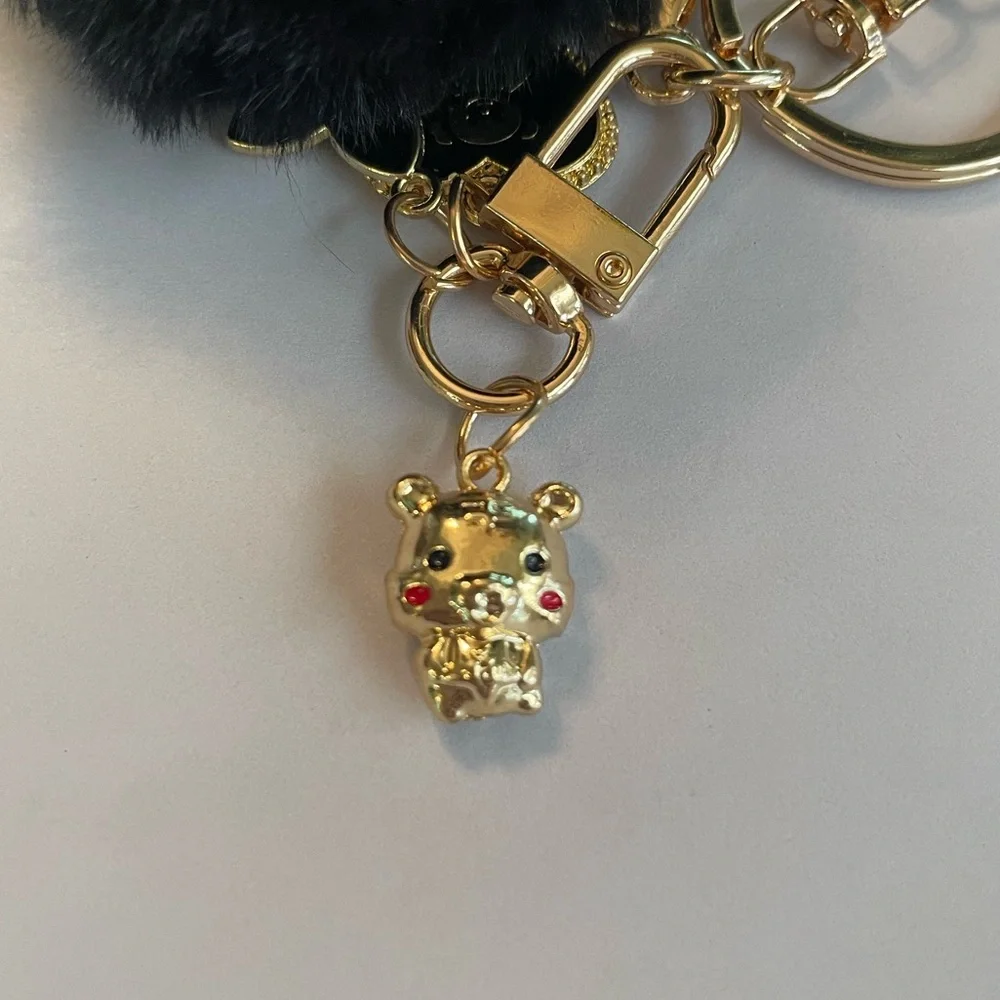 Gold and Black Pom Pom Keychain With 3 Charms – New